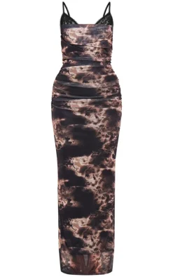 Brown Print Mesh Cowl Neck Lace Cup Detail Maxi Dress