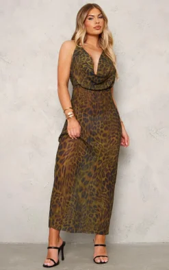 Brown Print Sheer Plisse Cowl Neck Maxi Dress