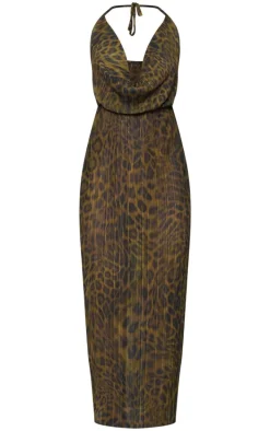 Brown Print Sheer Plisse Cowl Neck Maxi Dress