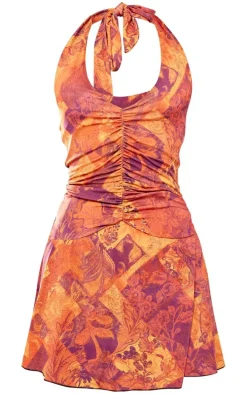 Brown Print Slinky Halter Neck Mini Dress