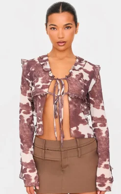 Brown Printed Chiffon Ruffle Fitted Tie Front Blouse