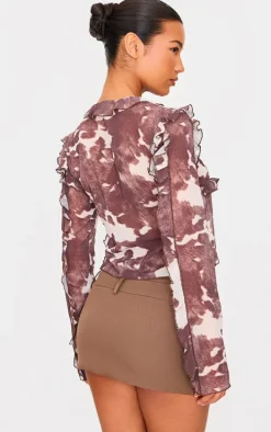 Brown Printed Chiffon Ruffle Fitted Tie Front Blouse