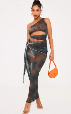 Brown Printed Crinkle Mesh Cut Out Midi Dress