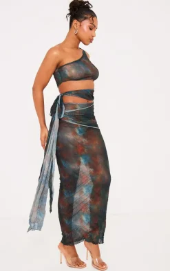 Brown Printed Crinkle Mesh Cut Out Midi Dress