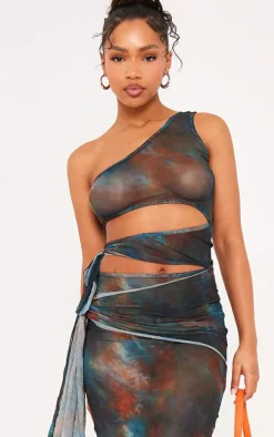 Brown Printed Crinkle Mesh Cut Out Midi Dress