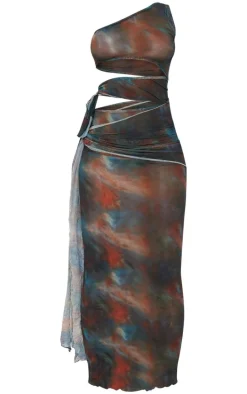 Brown Printed Crinkle Mesh Cut Out Midi Dress