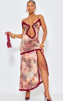 Brown Printed Cut Out Cami Split Hem Maxi Dress