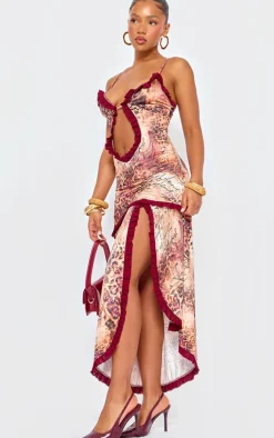 Brown Printed Cut Out Cami Split Hem Maxi Dress
