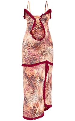 Brown Printed Cut Out Cami Split Hem Maxi Dress