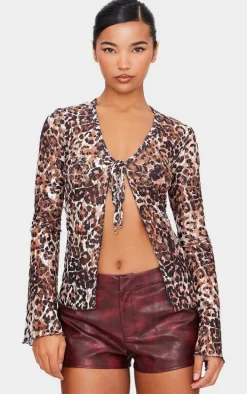 Brown Printed Lace Ruffle Detail Tie Front Long Sleeve Top