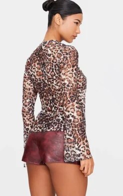 Brown Printed Lace Ruffle Detail Tie Front Long Sleeve Top