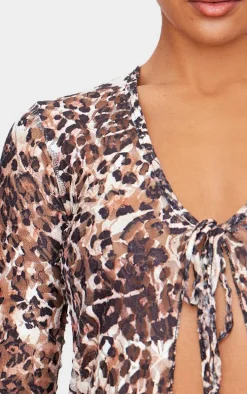 Brown Printed Lace Ruffle Detail Tie Front Long Sleeve Top