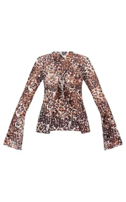 Brown Printed Lace Ruffle Detail Tie Front Long Sleeve Top