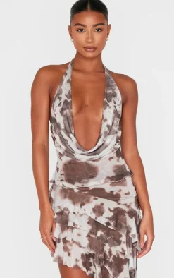 Brown Printed Mesh Cowl Halterneck Crop Top