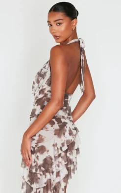 Brown Printed Mesh Cowl Halterneck Crop Top