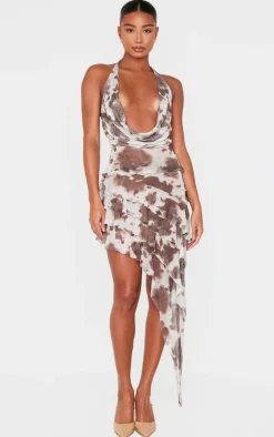 Brown Printed Mesh Cowl Halterneck Crop Top