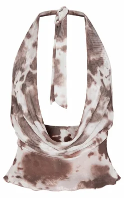 Brown Printed Mesh Cowl Halterneck Crop Top