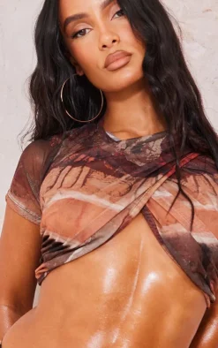 Brown Printed Mesh Cross Over Front Crop Top