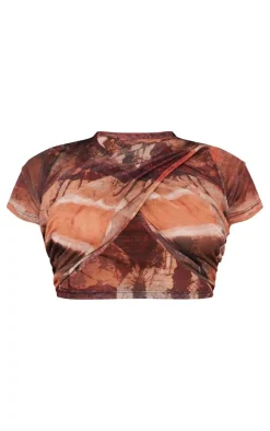 Brown Printed Mesh Cross Over Front Crop Top