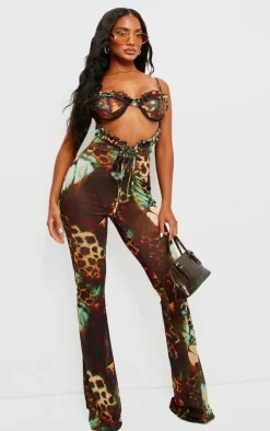 Brown Printed Mesh Cup Detail Cut Out Jumpsuit