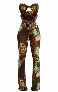 Brown Printed Mesh Cup Detail Cut Out Jumpsuit