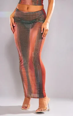 Brown Printed Mesh Diamante Hot Fix Low Rise Maxi Skirt