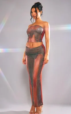 Brown Printed Mesh Diamante Hot Fix Low Rise Maxi Skirt