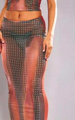Brown Printed Mesh Diamante Hot Fix Low Rise Maxi Skirt