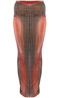 Brown Printed Mesh Diamante Hot Fix Low Rise Maxi Skirt