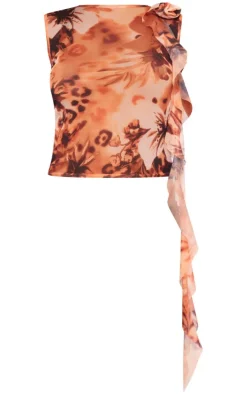 Brown Printed Mesh Floral Shoulder Long Top