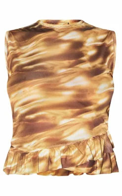 Brown Printed Mesh Frill Long Top