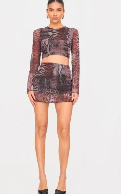 Brown Printed Mesh Frill Hem Mini Skirt