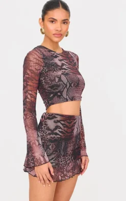 Brown Printed Mesh Frill Hem Mini Skirt