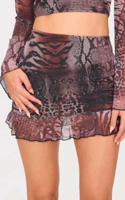 Brown Printed Mesh Frill Hem Mini Skirt