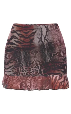 Brown Printed Mesh Frill Hem Mini Skirt