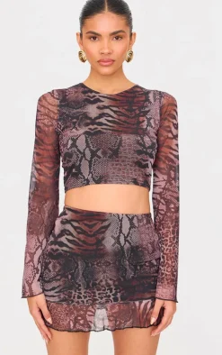 Brown Printed Mesh Long Sleeve Top