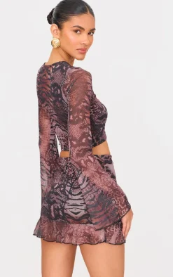 Brown Printed Mesh Long Sleeve Top