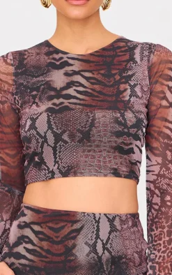 Brown Printed Mesh Long Sleeve Top
