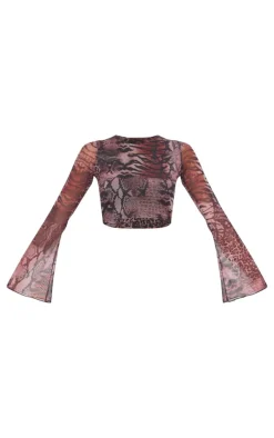 Brown Printed Mesh Long Sleeve Top
