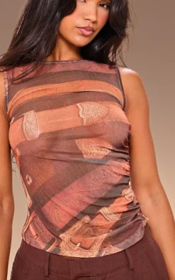 Brown Printed Mesh Longline Boatneck