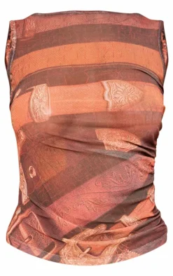 Brown Printed Mesh Longline Boatneck