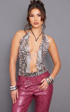 Brown Printed Mesh Ruffle Halterneck Bodysuit