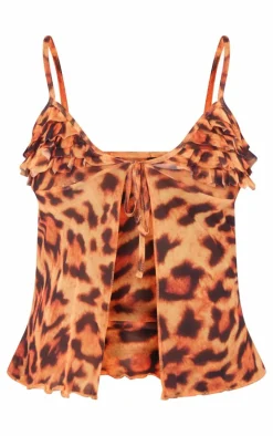 Brown Printed Mesh Ruffle Bust Tie Front Top