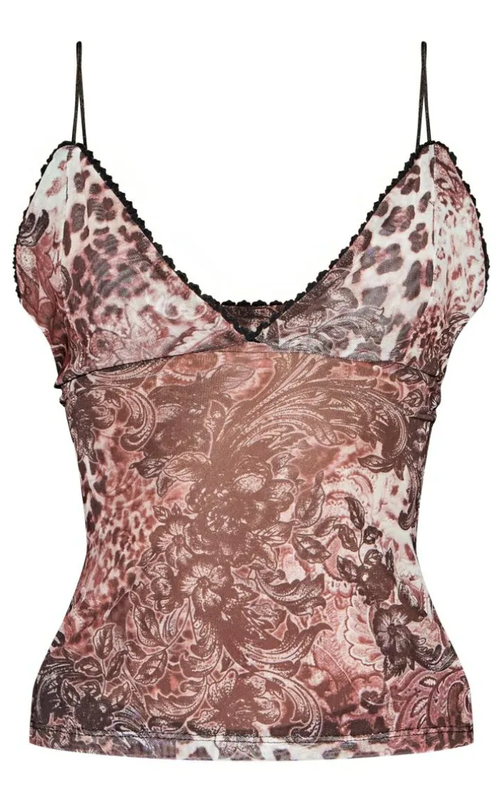 Brown Printed Mesh Strappy Cami