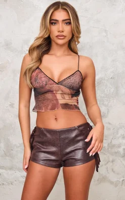 Brown Printed Mesh Strappy Lettuce Hem Cami Top