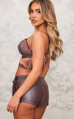 Brown Printed Mesh Strappy Lettuce Hem Cami Top