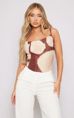 Brown Printed Plisse Cowl Neck Bodysuit