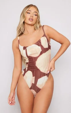 Brown Printed Plisse Cowl Neck Bodysuit