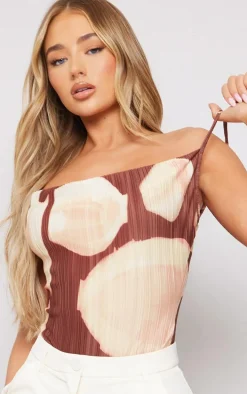Brown Printed Plisse Cowl Neck Bodysuit