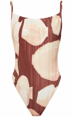 Brown Printed Plisse Cowl Neck Bodysuit